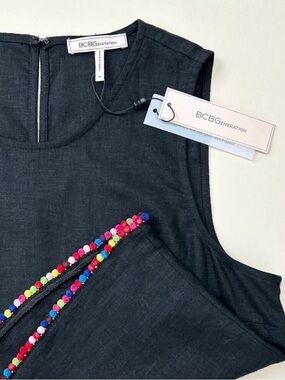 BCBGeneration Rainbow Pompom Black Summer Linen Boxy Sleeveless Tank Top NWT